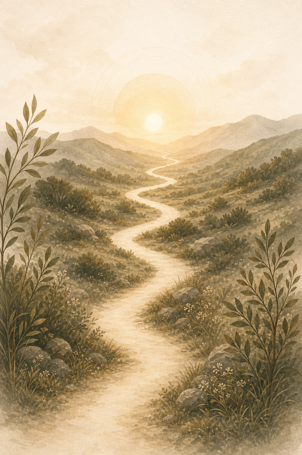 Camino cálido entre montañas y vegetación hacia un amanecer